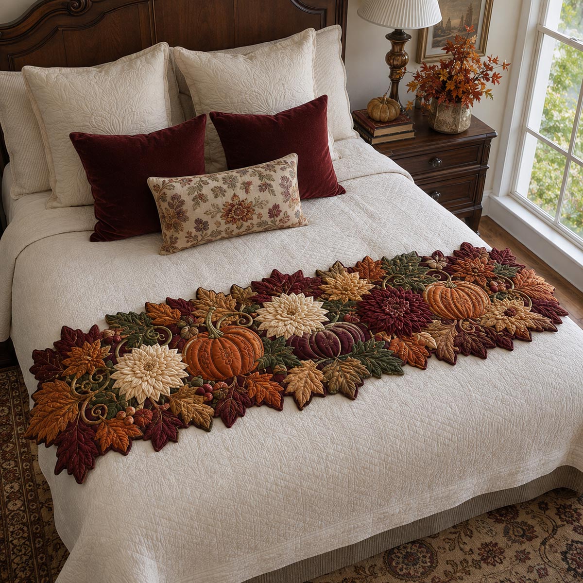 Crimson Pumpkin Garland Custom Shape Quilted Bed Runner SN0DV217