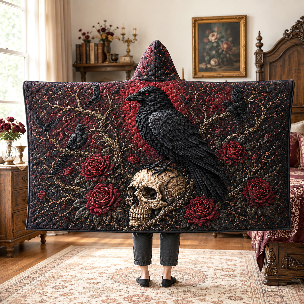 Crimson Raven Quilted Hooded Blanket SN0TV160