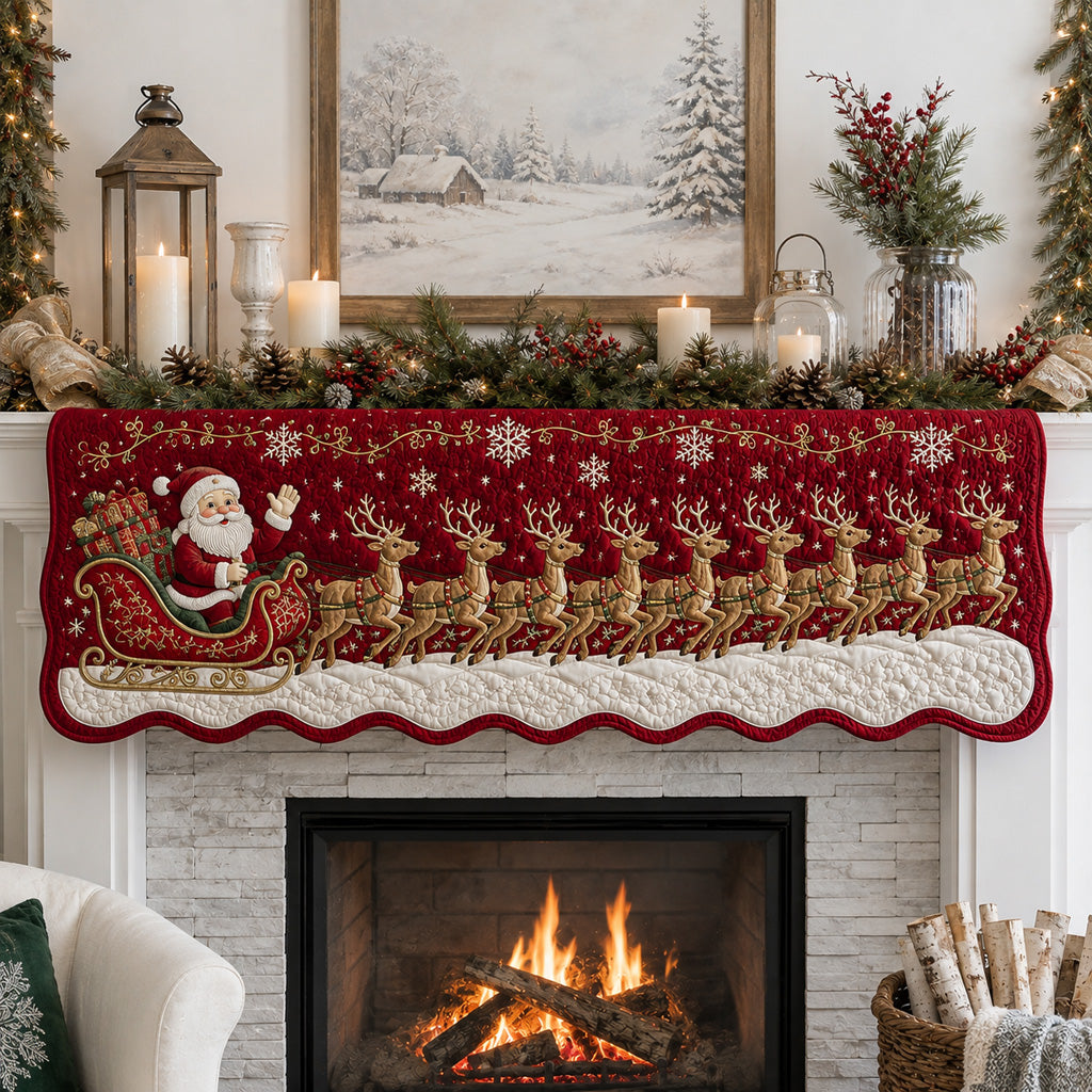 Crimson Santa Sleigh Quilted Mantel Scarf SN0HH0151