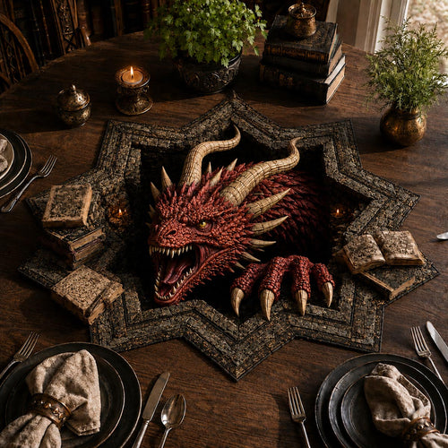 Crimson Tome Dragon Custom Shape Quilted Table Topper SN0DV391