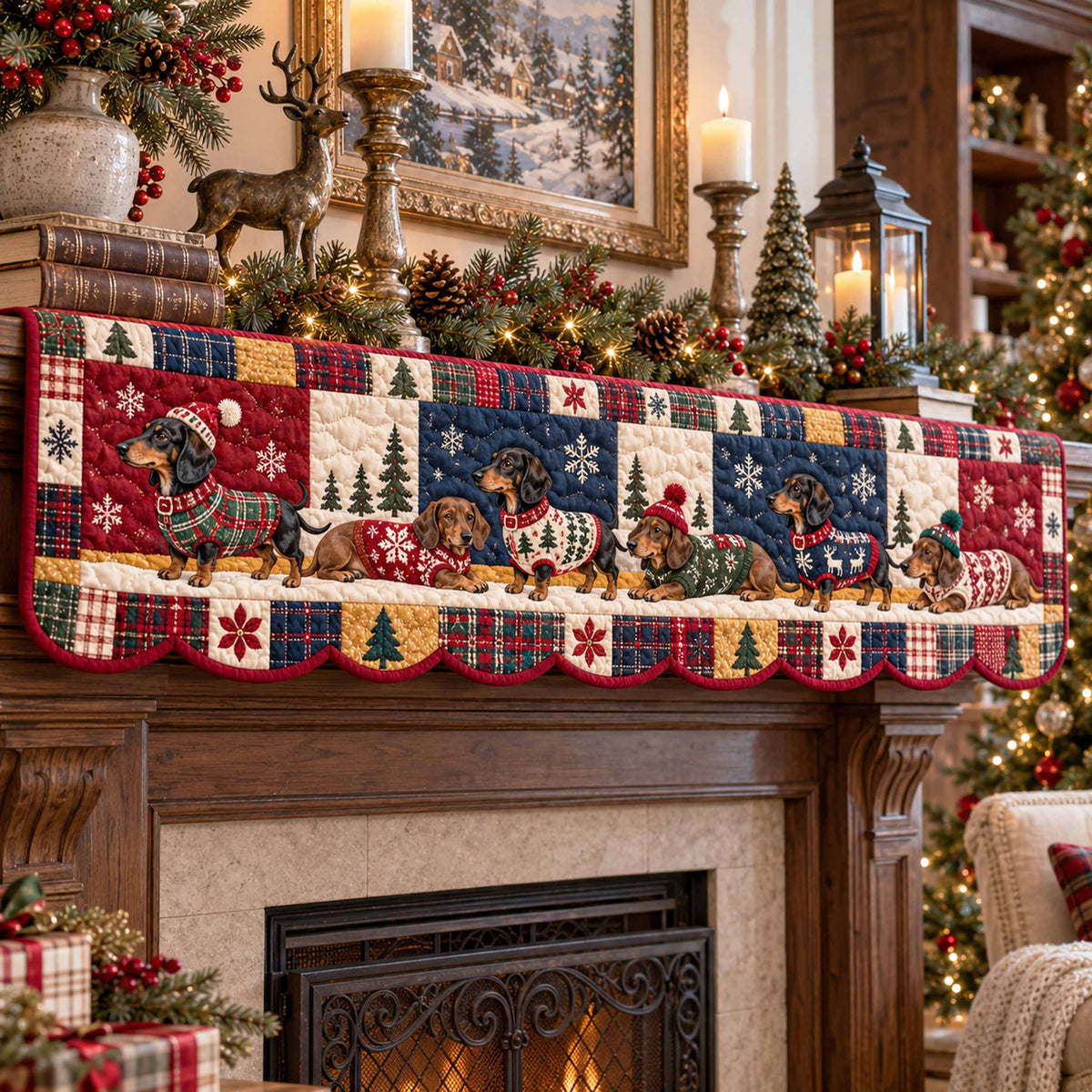 Dachshund Christmas Celebration Quilted Mantel Scarf SN0TD787