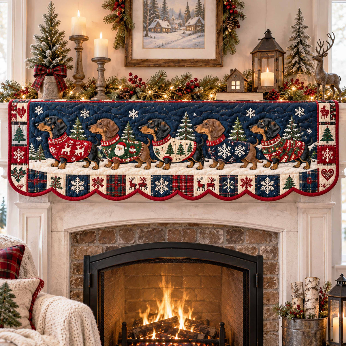 Dachshund Christmas Dreams Quilted Mantel Scarf SN0TD783