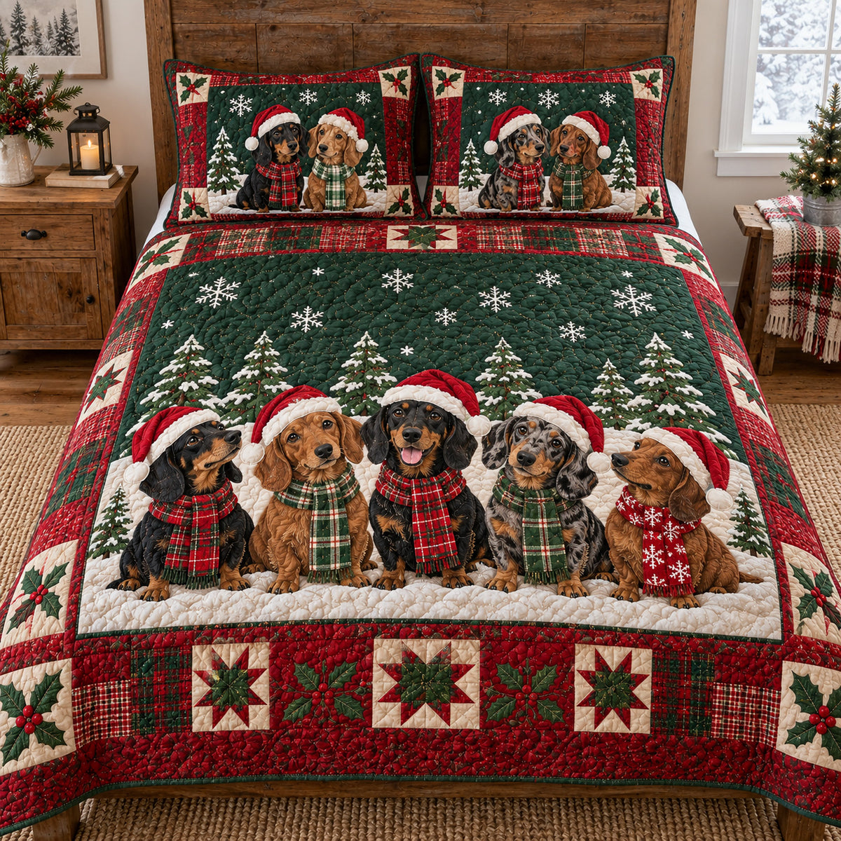 Dachshund Snowfall 3-Piece Quilted Bedding Set SN0TV866