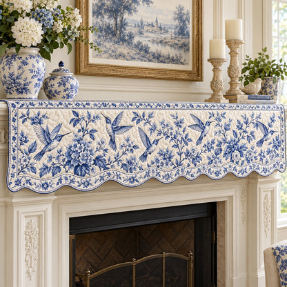 Delft Blue Toile Hummers Quilted Mantel Scarf SN0TV960