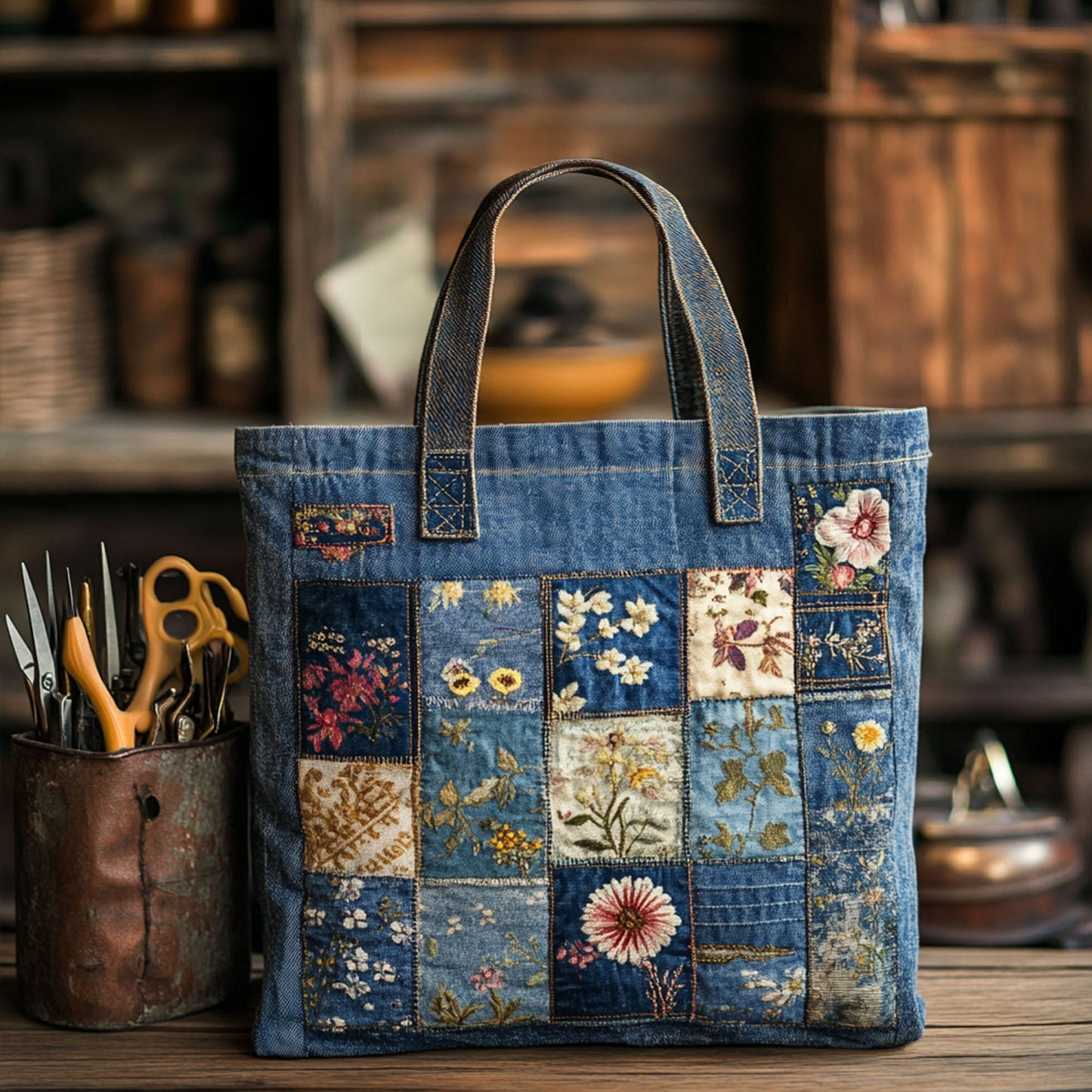 Denim Blossom Quilted Tote Bag NCU0PT7903
