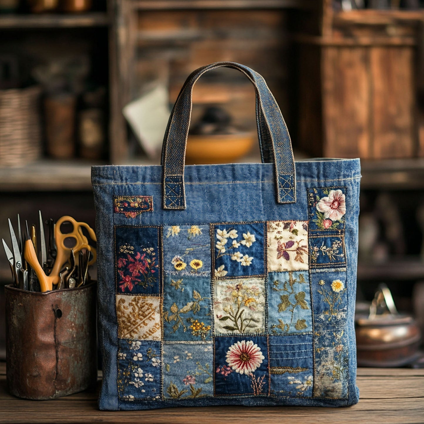 Denim Blossom Quilted Tote Bag NCU0PT7903