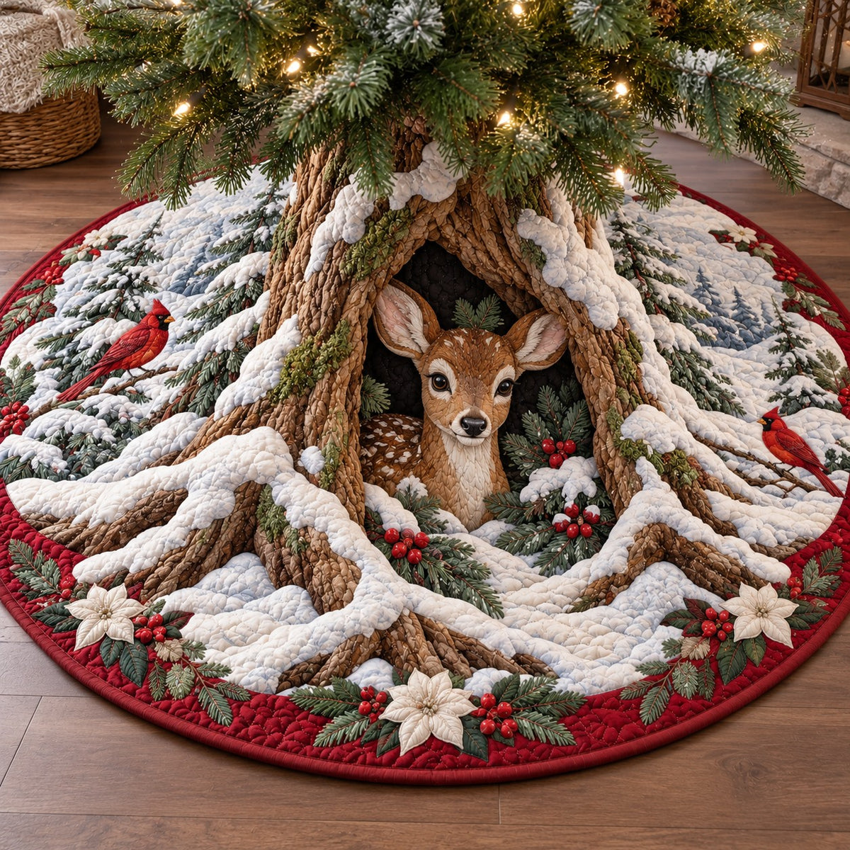 Doe Cardinal Poinsettia Quilted Tree Skirt SN0TV1057