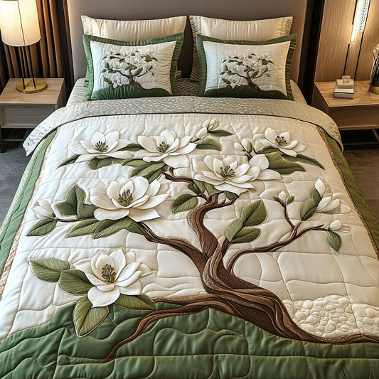 Elegant White Magnolia 3-Piece Quilted Bedding Set NCU0NT6647