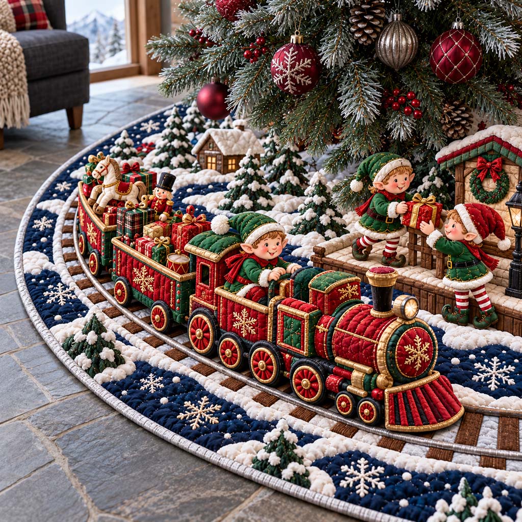 Elf Express Train Quilted Tree Skirt SN0HH1086