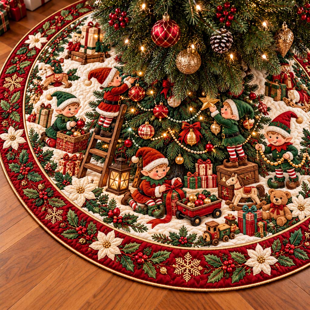 Elves Gift Wrapping Quilted Tree Skirt SN0HH1088