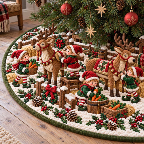 Elves Reindeer Stable Quilted Tree Skirt SN0HH1089