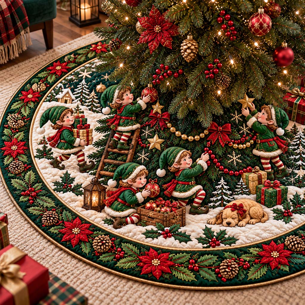 Elves Trimming Tree Quilted Tree Skirt SN0HH1085