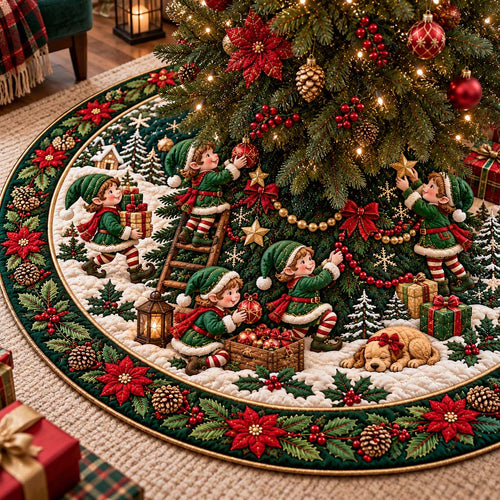 Elves Trimming Tree Quilted Tree Skirt SN0HH1085