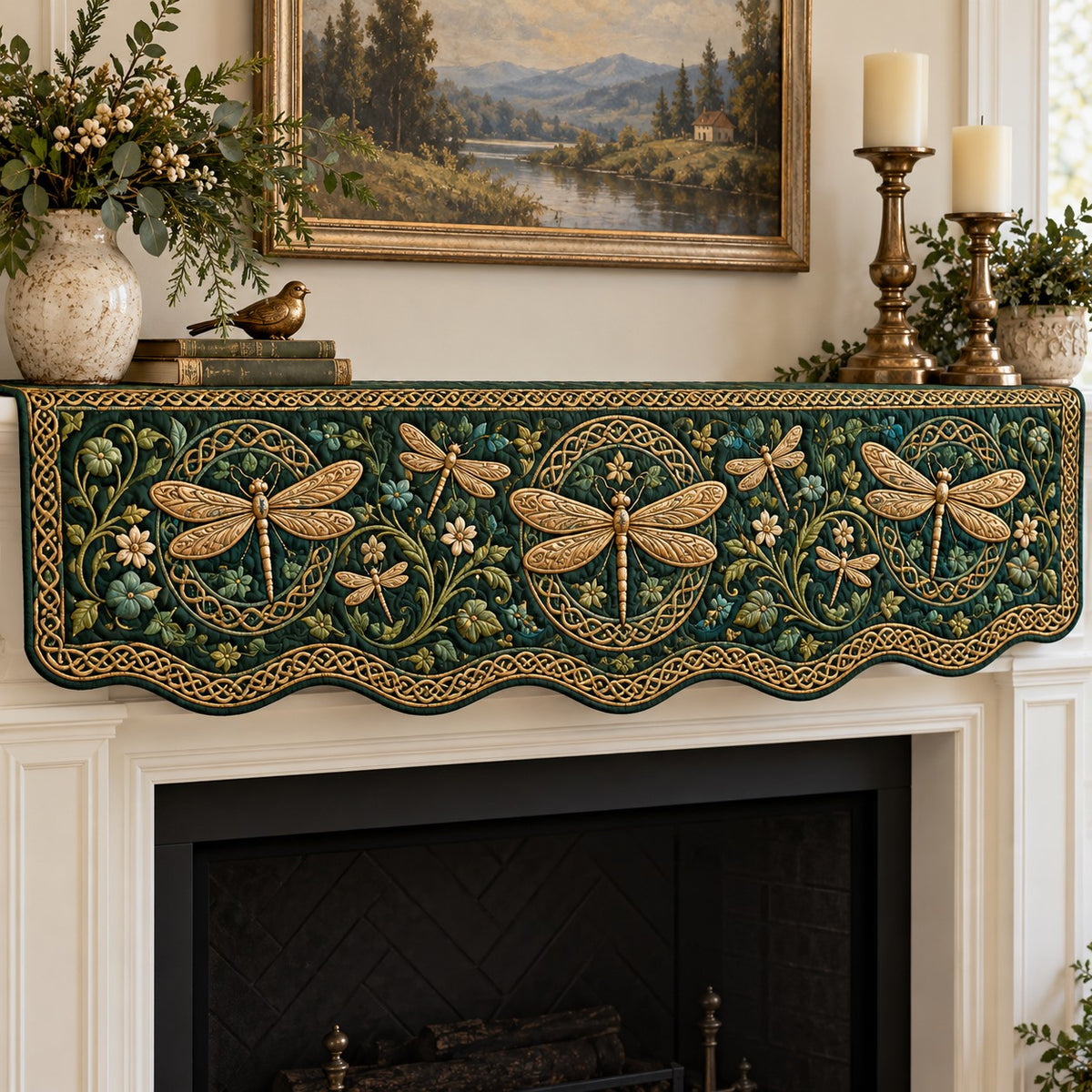 Emerald Celtic Dragonflies Quilted Mantel Scarf SN0TV973