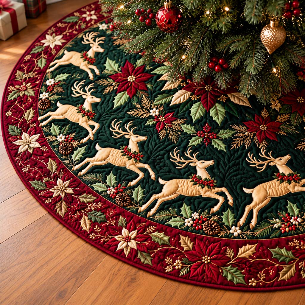 Emerald Gold Reindeer Quilted Tree Skirt SN0HH1111