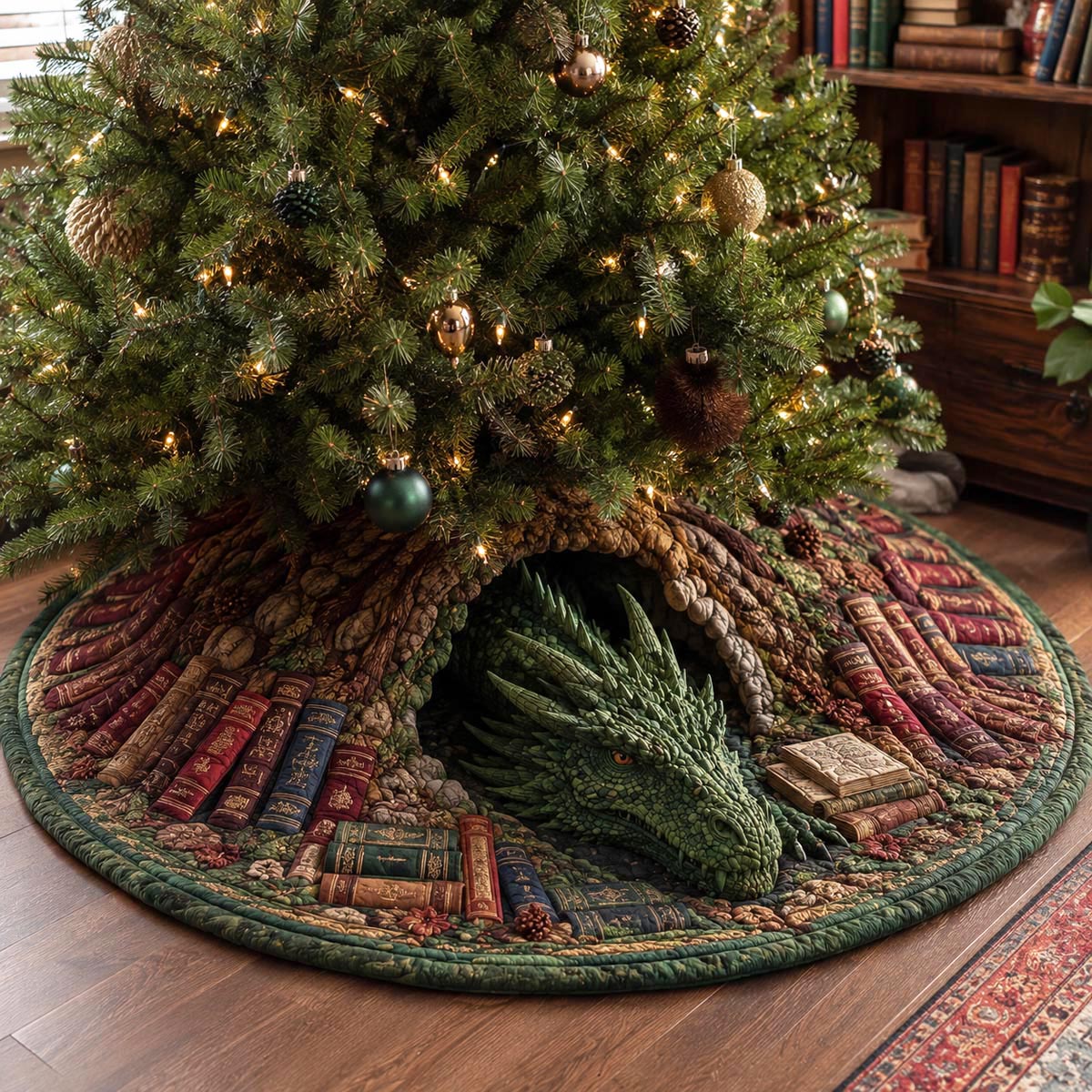 Emerald Library Dragon Christmas Quilted Tree Skirt SN0DV189