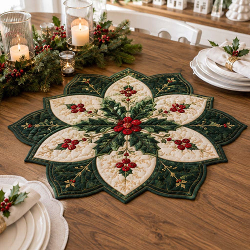 Emerald Poinsettia Wreath Custom Shape Quilted Table Topper SN0HH0312