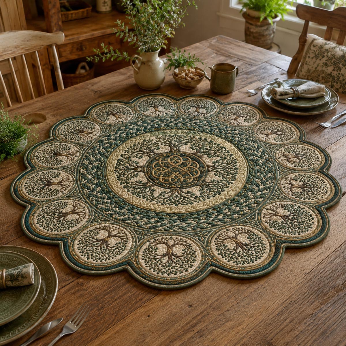 Emerald Tree Of Life Custom Shape Quilted Table Topper SN0DV403