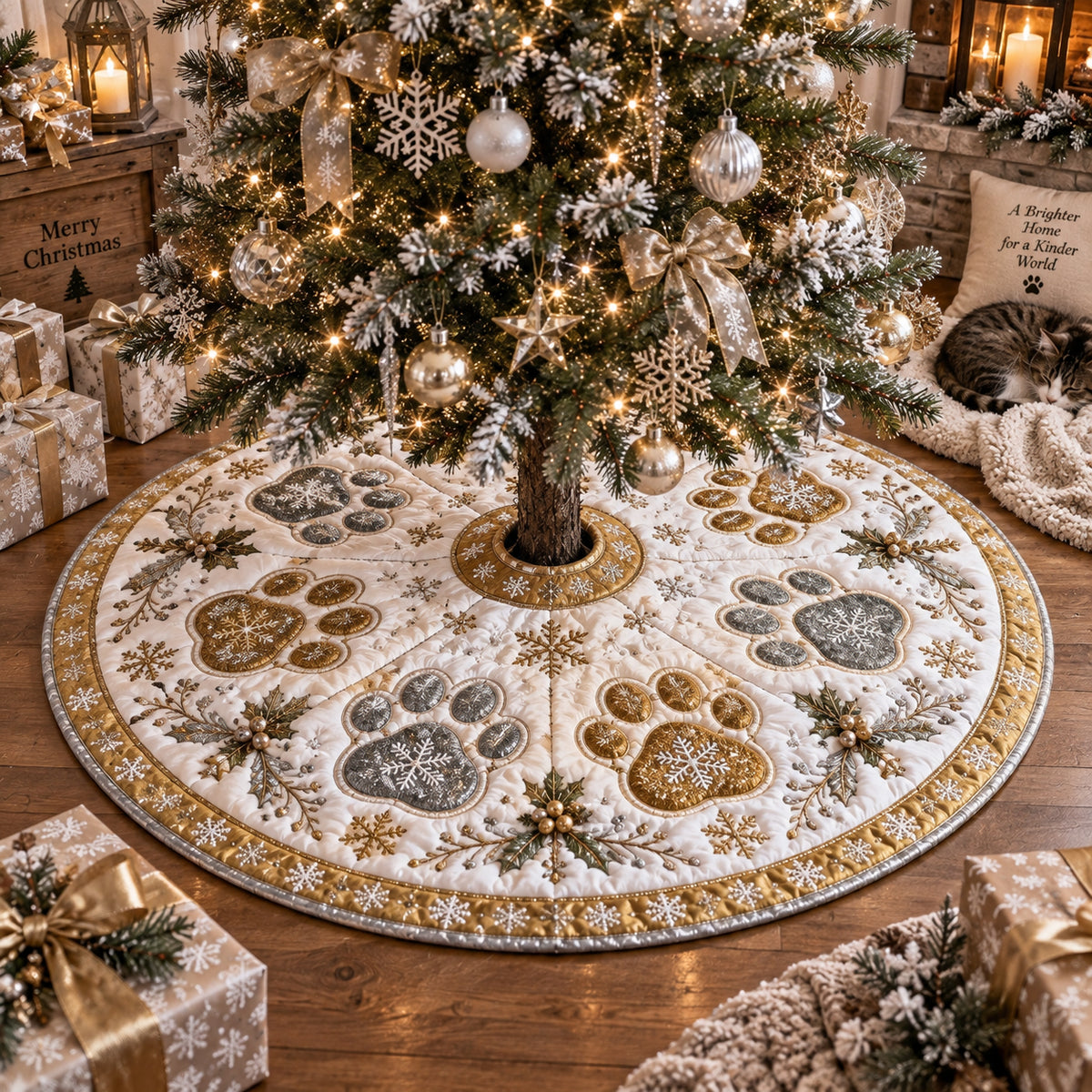 Evergreen Paw Christmas Christmas Quilted Tree Skirt SN0DV667