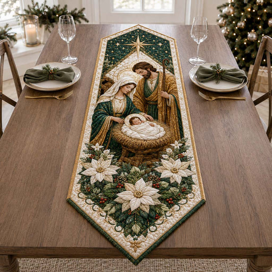 Evergreen Nativity Poinsettia Custom Shape Quilted Table Runner SN0HH0272