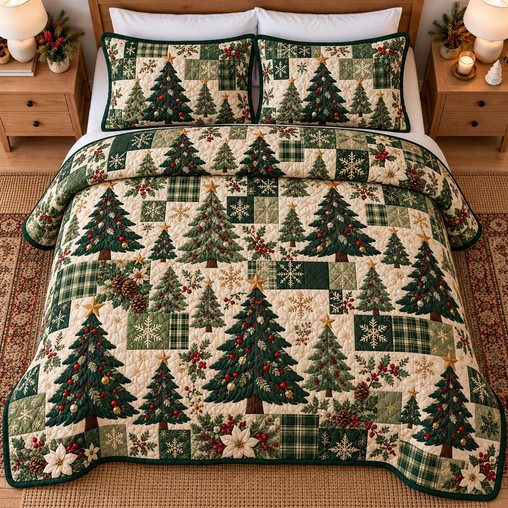 Evergreen Patchwork Trees Quilted Bedding Set V2 SN0HH1035