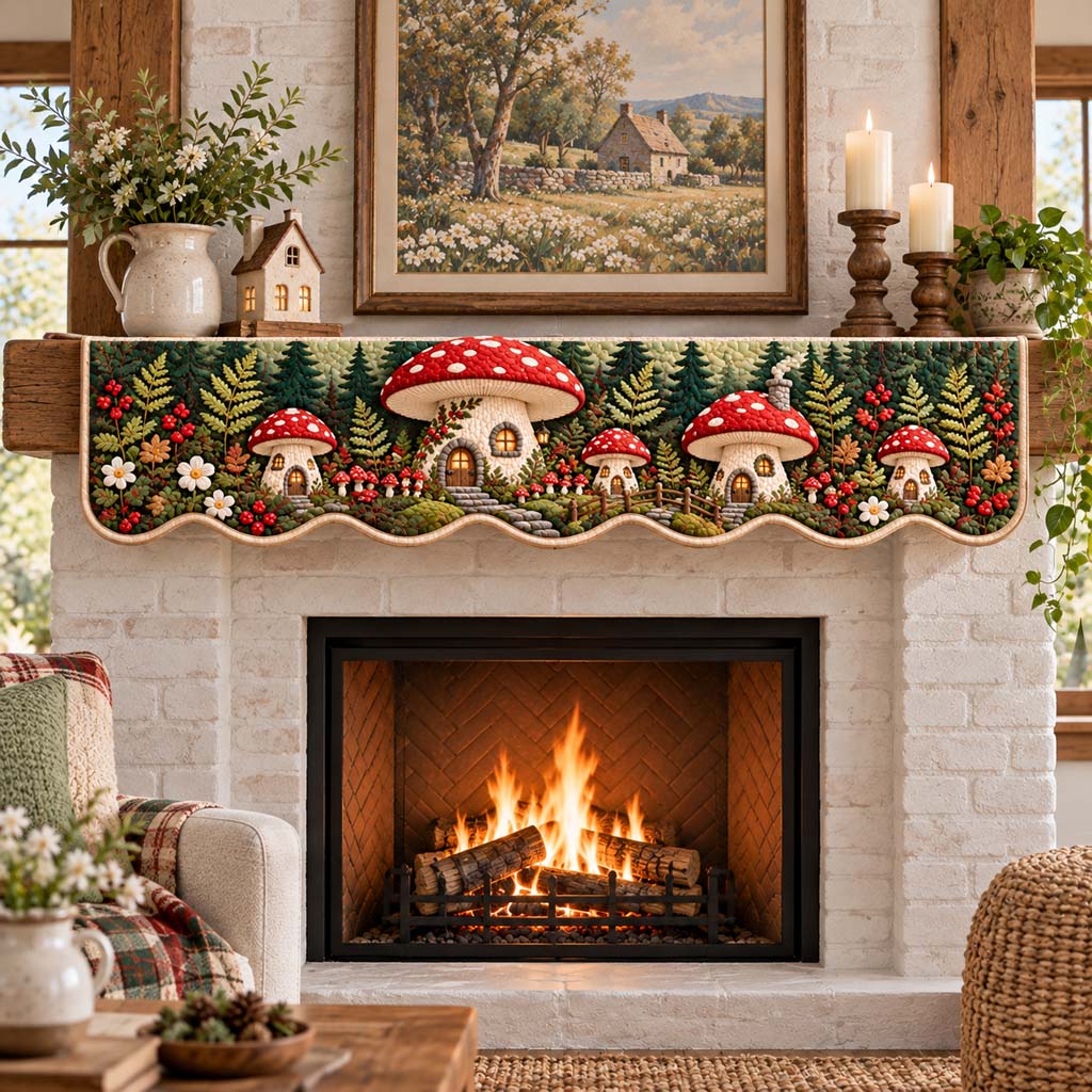 Fairy Cottage Mushrooms Quilted Mantel Scarf SN0HH0986