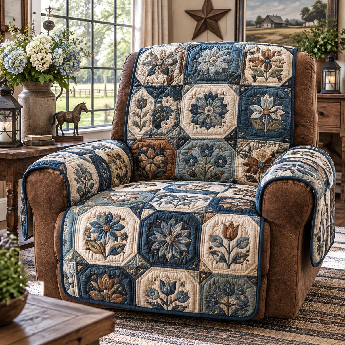 Farmhouse Blue Flowers Quilted Sofa Cover SN0DV986
