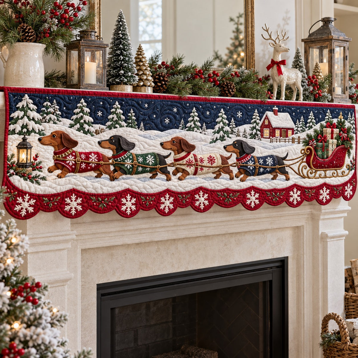 Farmhouse Sleigh Doxies Quilted Mantel Scarf SN0TV934