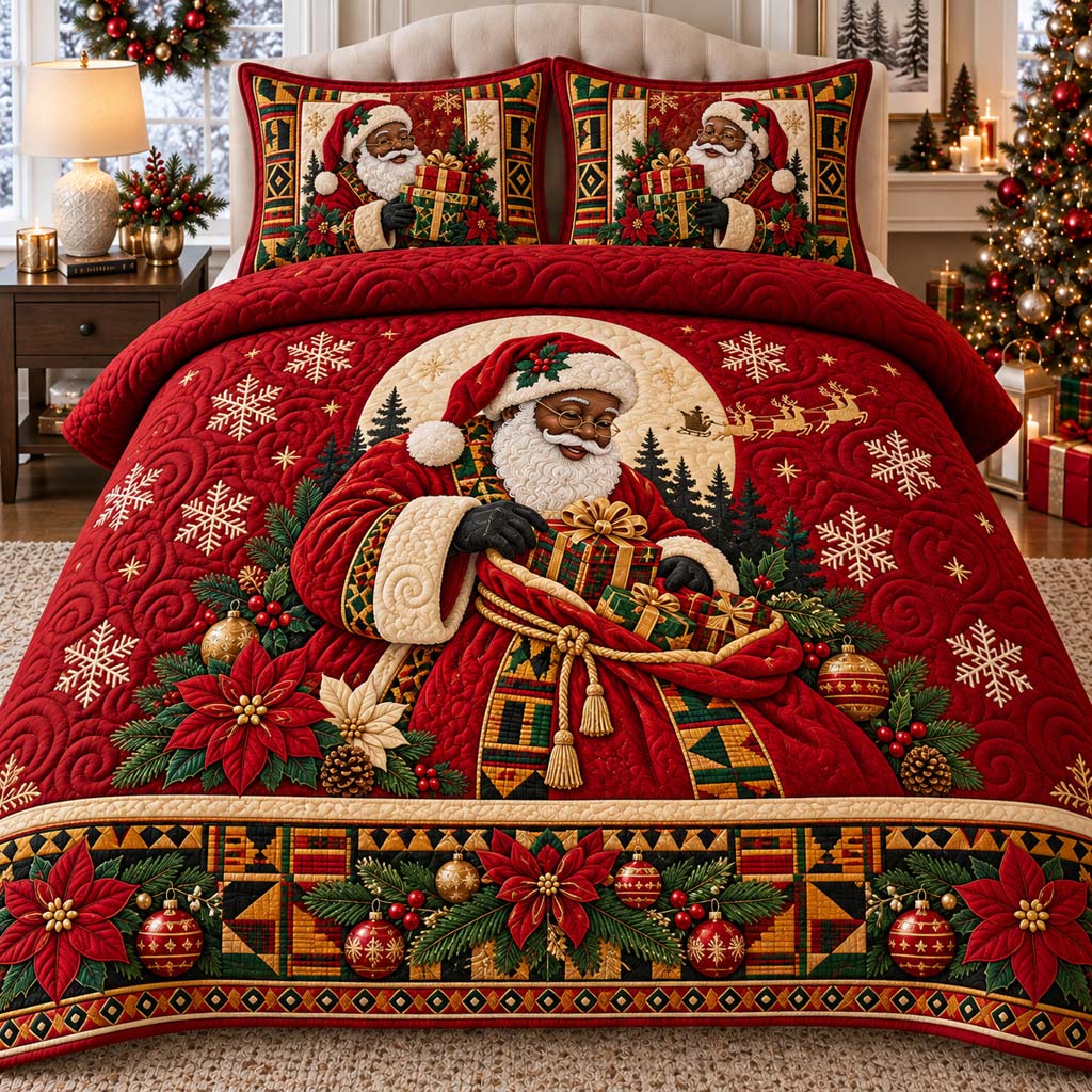 Festive Black Santa 3-Piece Quilted Bedding Set SN0HH0792