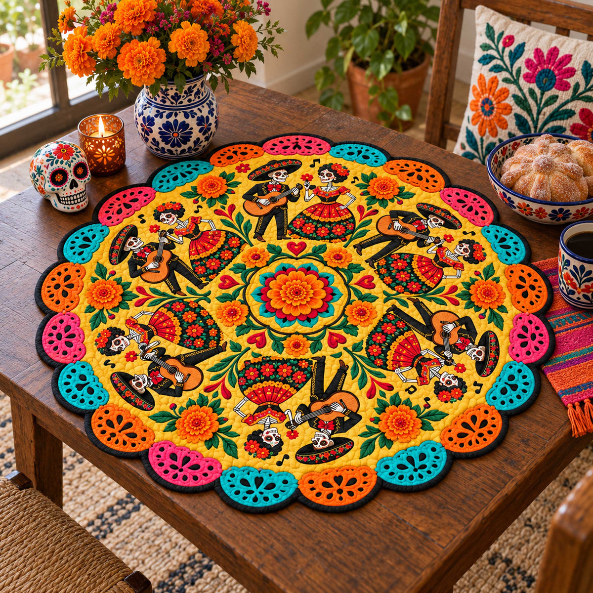 Festive Calavera Custom Shape Quilted Table Topper SN0TD673