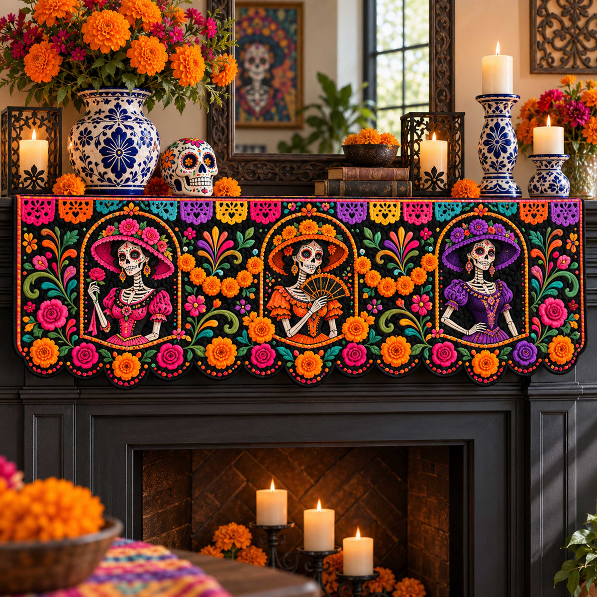 Festive Calavera Quilted Mantel Scarf SN0TD688