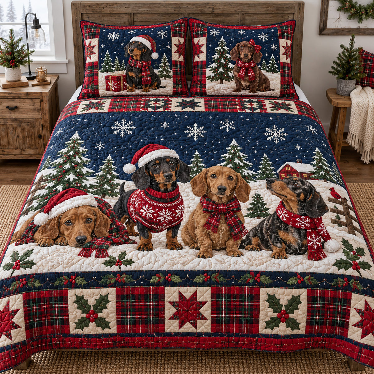 Festive Doxie Dreams 3-Piece Quilted Bedding Set SN0TV864