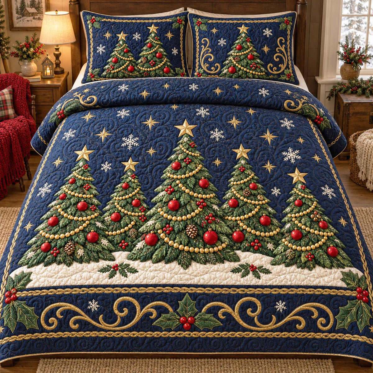 Festive Evergreen 3-Piece Quilted Bedding Set SN0TD1162