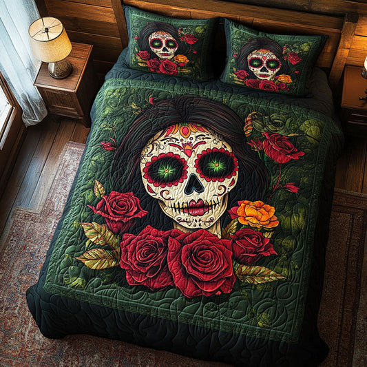 Festive Floral Skull 3-Piece Quilted Bedding Set NCU0TL1927