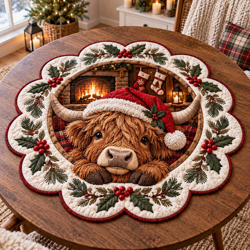 Festive Highland Cow Custom Shape Quilted Table Topper SN0TD993