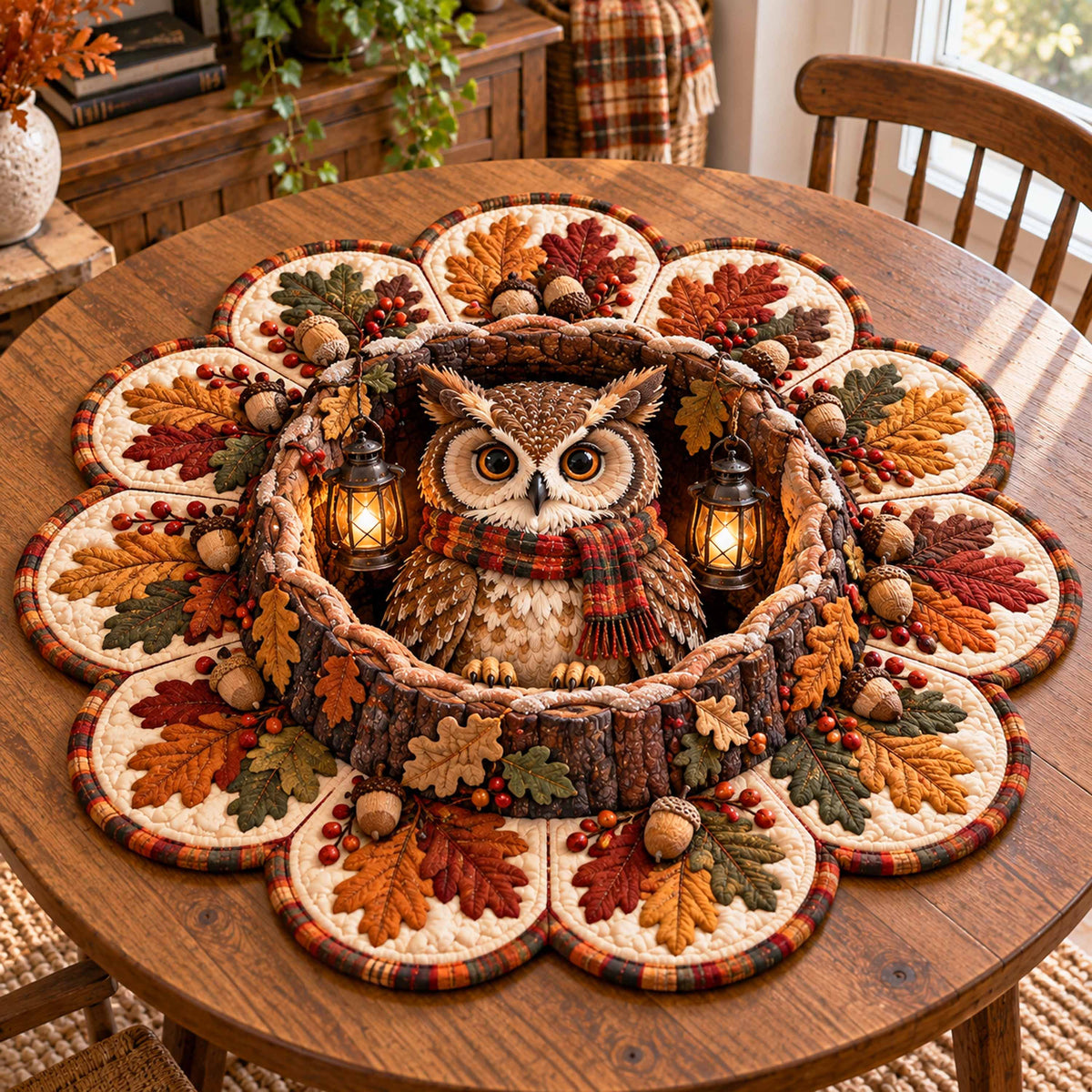 Festive Owl Custom Shape Quilted Table Topper SN0TD927