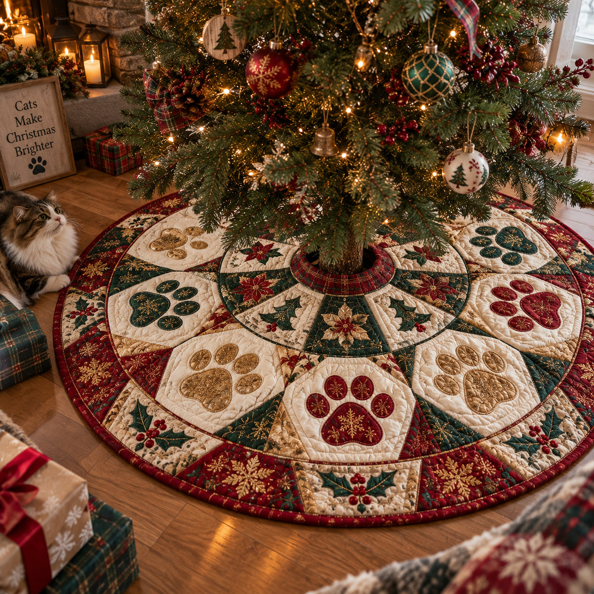 Festive Paw Star Christmas Quilted Tree Skirt SN0DV676