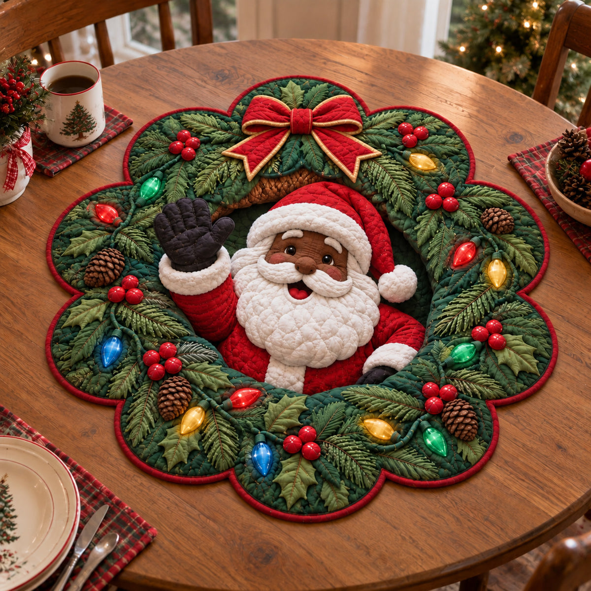 Festive Santa Wreath Custom Shape Quilted Table Topper SN0TV487