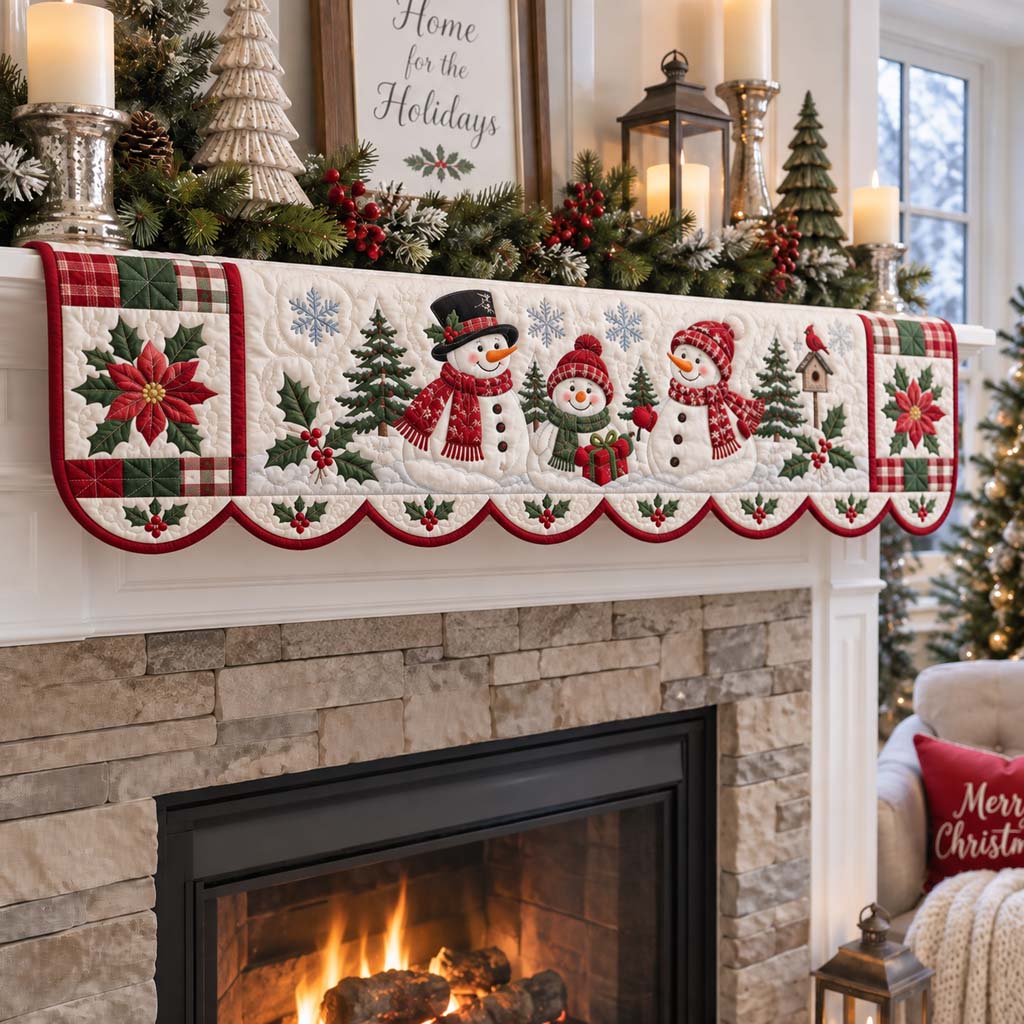 Festive Snowman Trio Quilted Mantel Scarf SN0HH0362