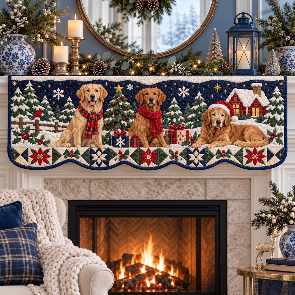 Field Golden Retriever Trio Quilted Mantel Scarf SN0HH0976