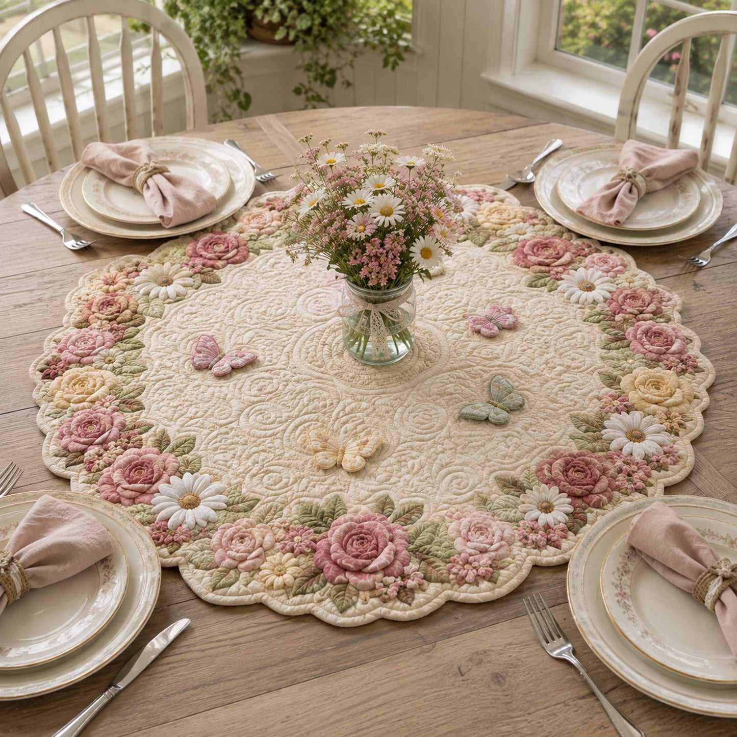 Floral Bloom Custom Shape Quilted Table Topper SN0TD098