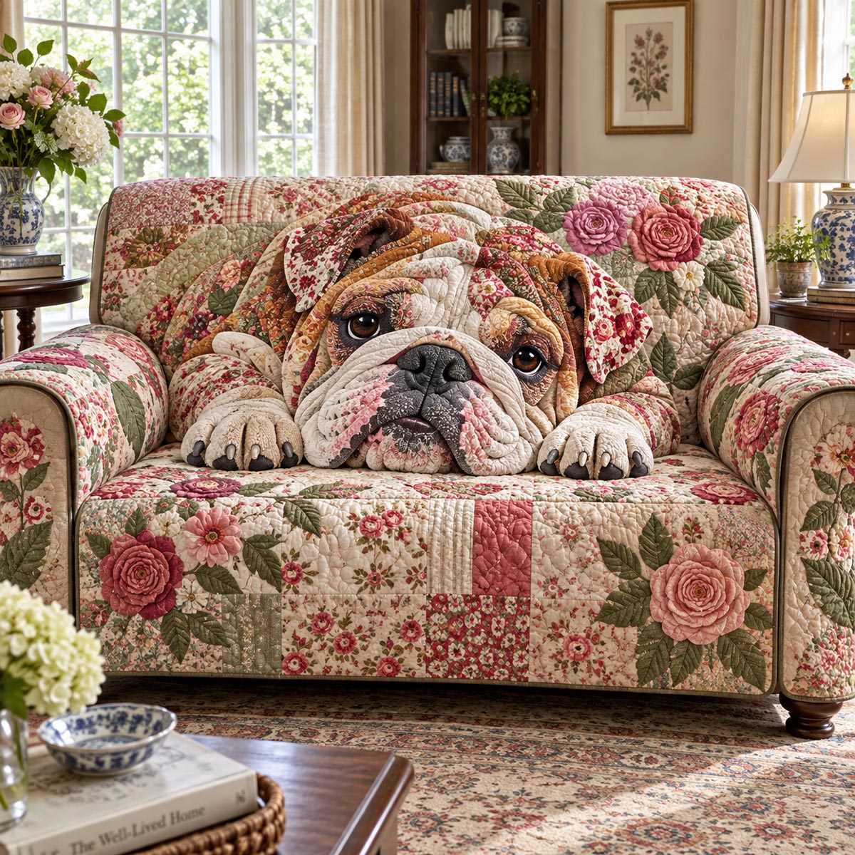 Floral Bulldog Retreat Quilted Sofa Cover SN0DV657