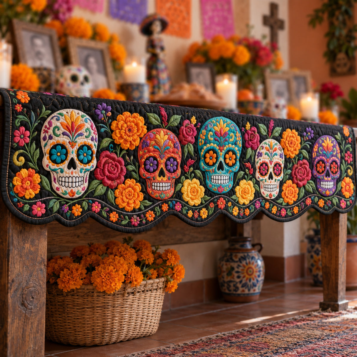 Floral Calavera Quilted Mantel Scarf SN0TV327