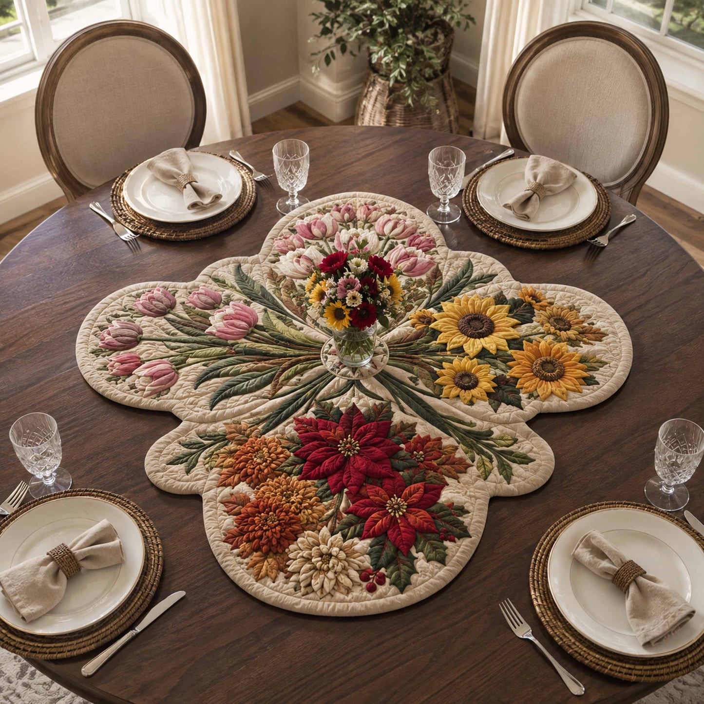 Floral Harmony Custom Shape Quilted Table Topper SN0TD100
