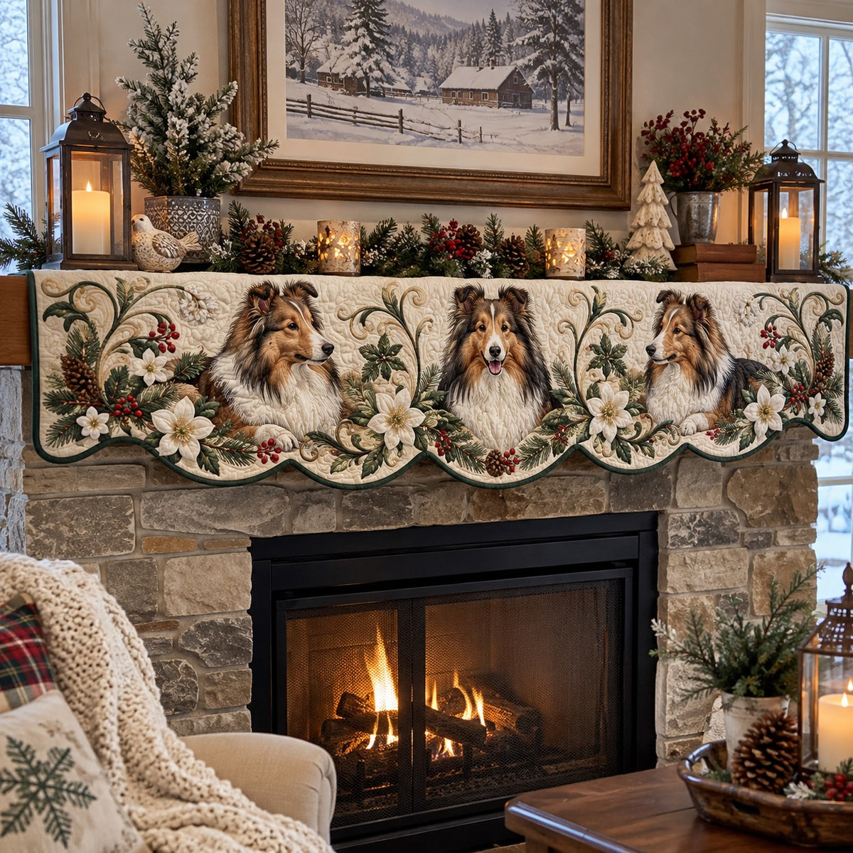 Floral Sheltie Trio Quilted Mantel Scarf SN0PT1424