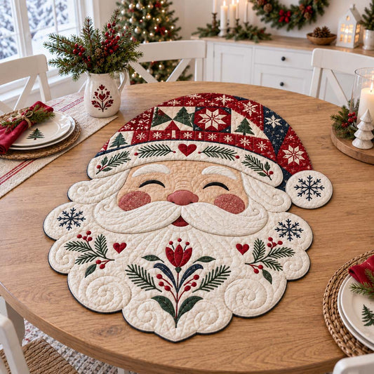 Folk Floral Santa Custom Shape Quilted Table Topper SN0HH0374
