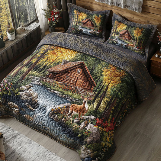 Forest Deer Lodge 3-Piece Quilted Bedding Set NCU0VL2606