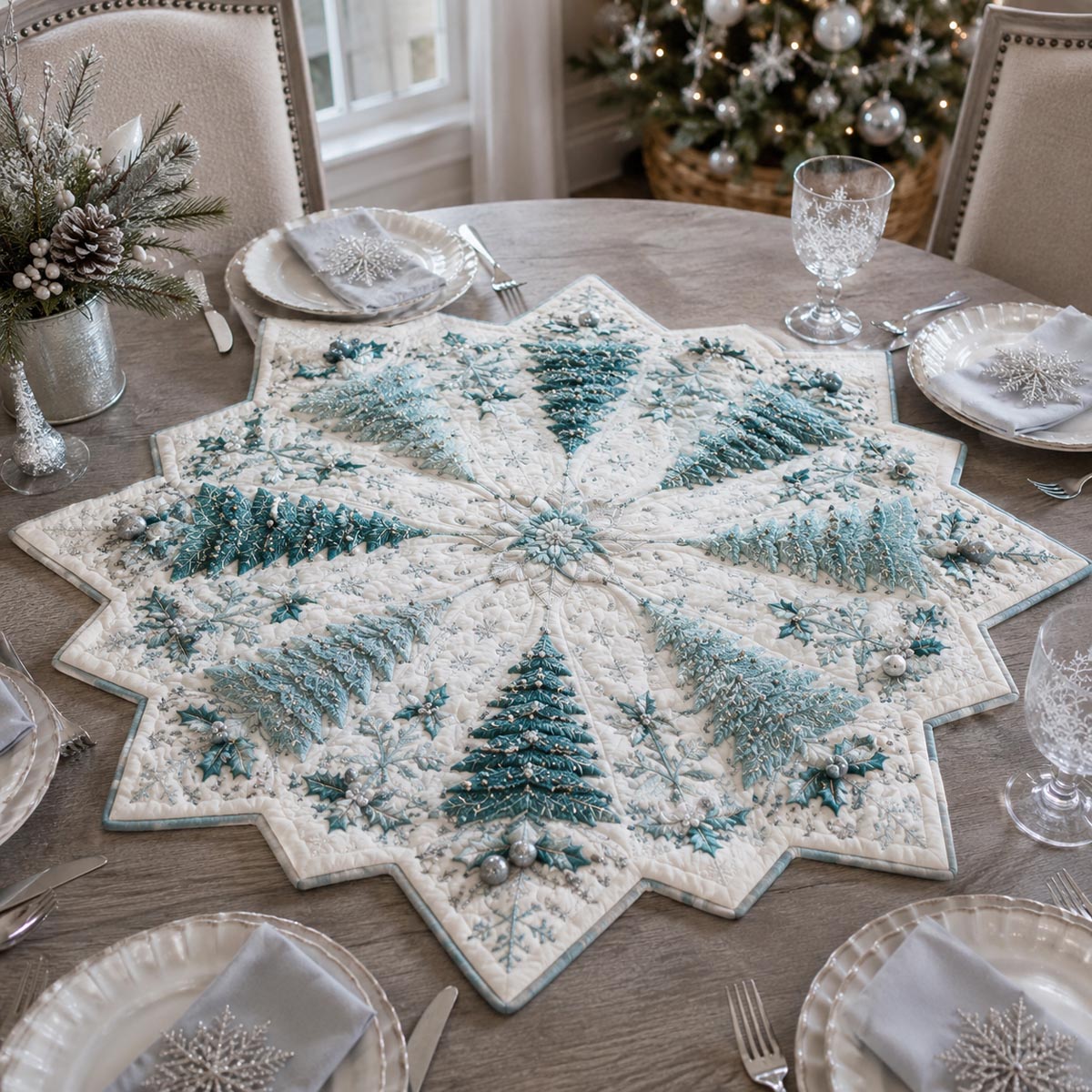 Frosted Christmas Trees Custom Shape Quilted Table Topper SN0DV421