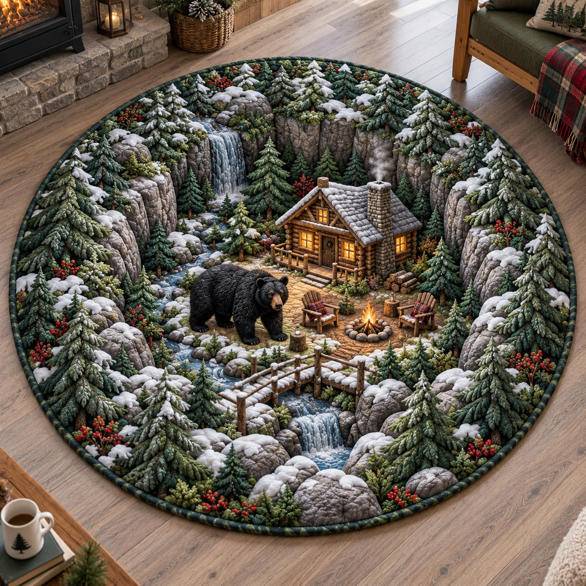 Frosted Forest Cabin Quilted Round Mat SN0TV534