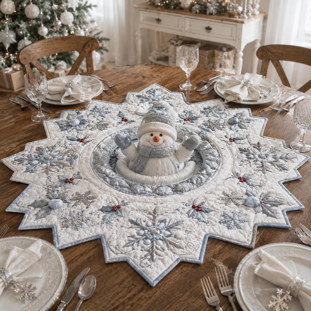 Frosted Snowman Snowflake Custom Shape Quilted Table Topper SN0DV338